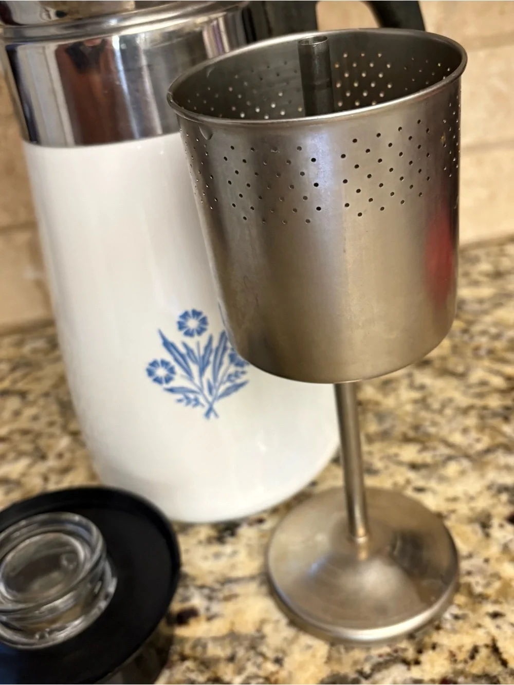 Corningware White Coffee Percolator with Blue Floral Motif and Black Handle